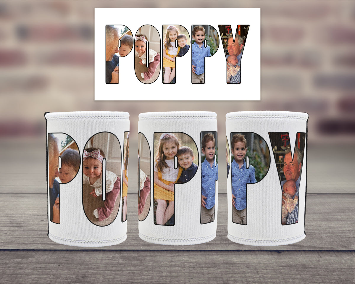 Three white can coolers arranged on a wooden surface with a blurred brick wall background. Each cooler has a large letters spelling out the word 'POPPY' with photos within each letter.