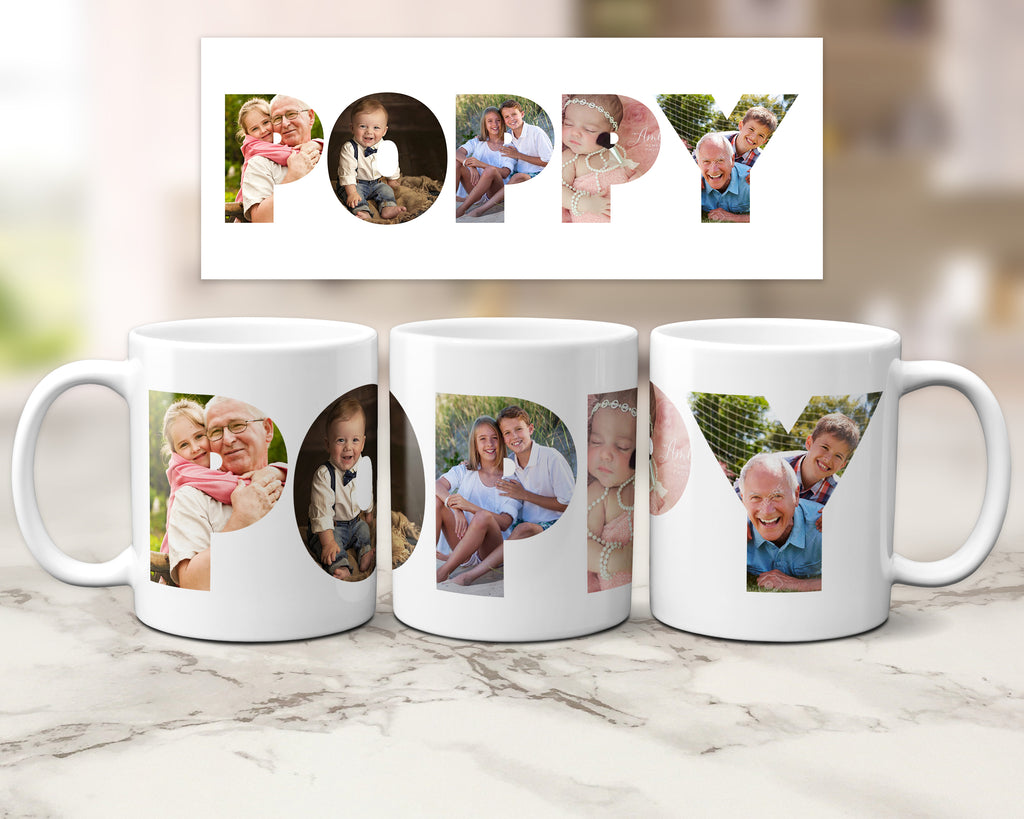 Three ceramic mugs with family photos within the letters spelling POPPY.