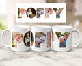 Three ceramic mugs with family photos within the letters spelling POPPY.