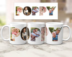 Three ceramic mugs with family photos within the letters spelling POPPY.