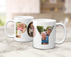 Two white ceramic mugs with custom printed family photos, displayed on a light marble countertop with a blurred kitchen background.