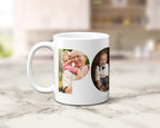 A white ceramic coffee mug with custom printed family photos, set on a light marble countertop with a blurred kitchen background.