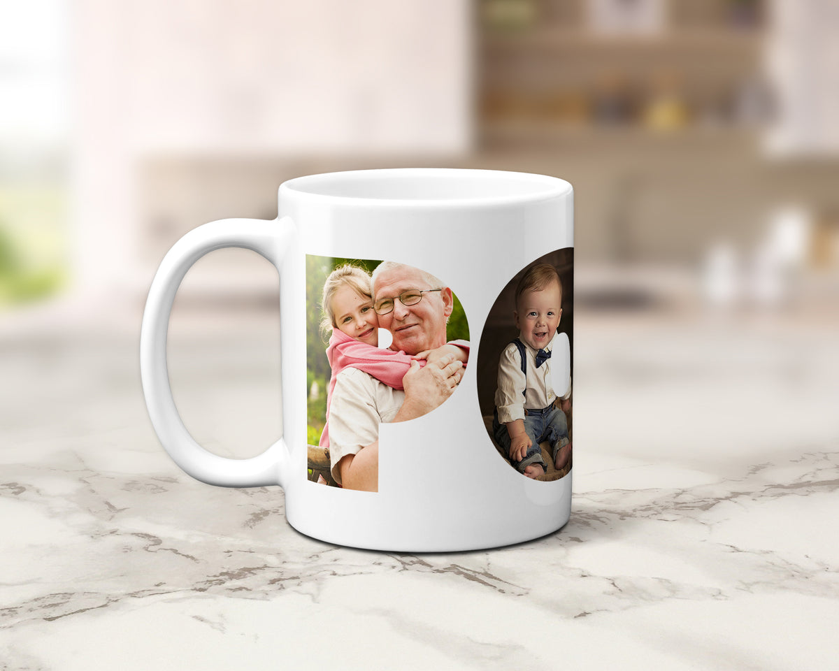 A white ceramic coffee mug with custom printed family photos, set on a light marble countertop with a blurred kitchen background.