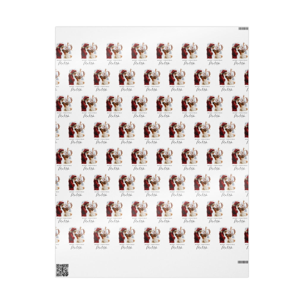 A sheet of wrapping paper with repeating illustrations featuring a vintage style portrait of Santa Claus and reindeer with the text 'Merry Christmas Matilda'.