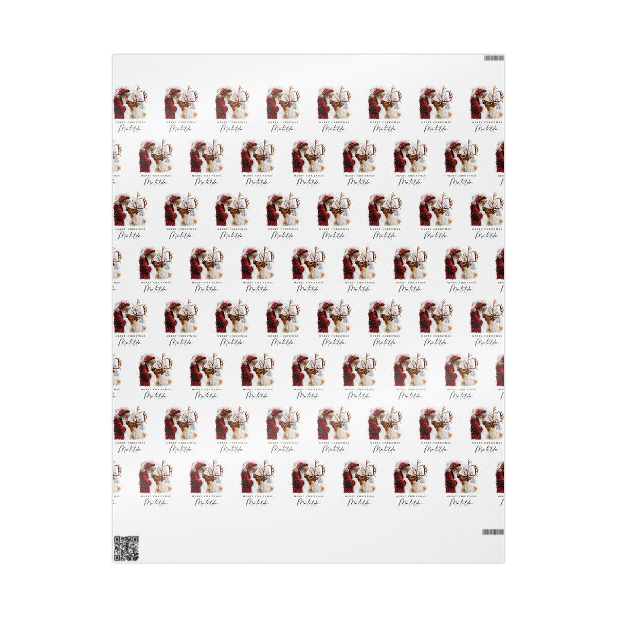 A sheet of wrapping paper with repeating illustrations featuring a vintage style portrait of Santa Claus and reindeer with the text 'Merry Christmas Matilda'.