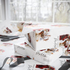 Gift wrapped boxes and wrapping paper with a reindeer and Santa print, arranged on a table near a window. Scissors and ribbon are visible in the scene.