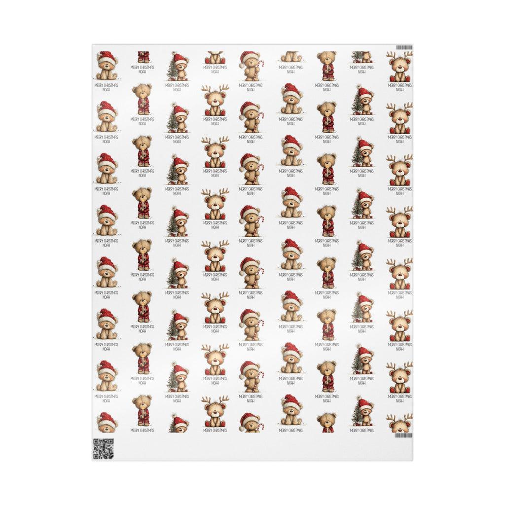 A sheet of small Christmas themed teddy bears in Santa hats, reindeer antlers, and holiday outfits, arranged in a grid on a white background.