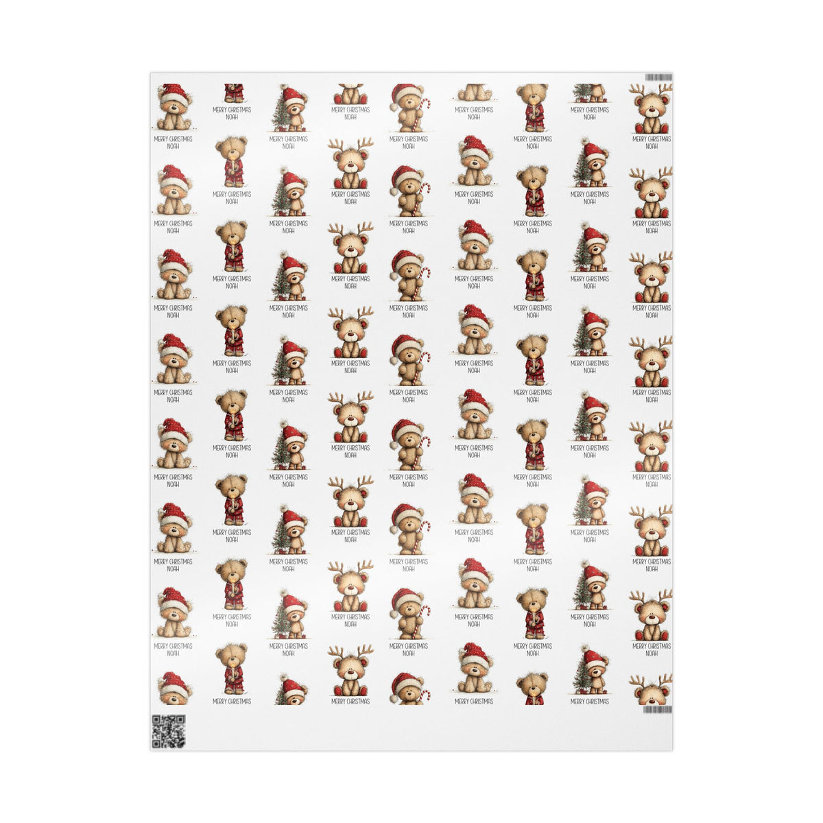 A sheet of small Christmas themed teddy bears in Santa hats, reindeer antlers, and holiday outfits, arranged in a grid on a white background.