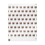 A sheet of wrapping paper featuring a repeating pattern of snow covered trees, Santa Claus and reindeer with cursive script text, shown flat against a white background.