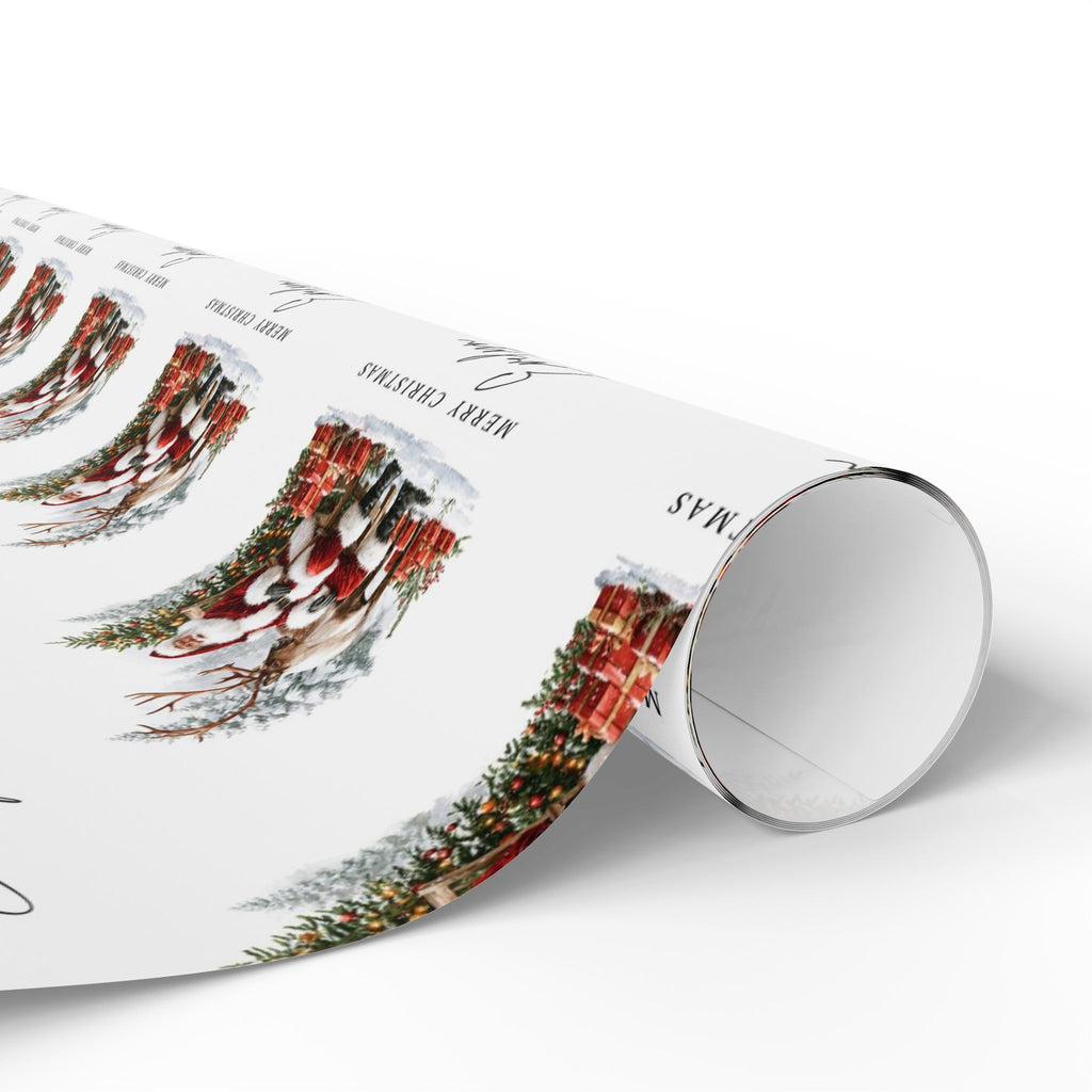 A roll of wrapping paper with a festive Christmas design, partially unrolled on a clean white background. The design features a snowy Christmas tree with Santa Claus and reindeer on a white base with black script text.