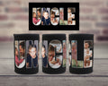 Three black neoprene can coolers displayed on a wooden surface with a blurred brick wall background. Above them is a black rectangular graphic displaying the word 'UNCLE' filled with family photos, which serves as the template for the can coolers.