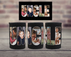 Three black neoprene can coolers displayed on a wooden surface with a blurred brick wall background. Above them is a black rectangular graphic displaying the word 'UNCLE' filled with family photos, which serves as the template for the can coolers.