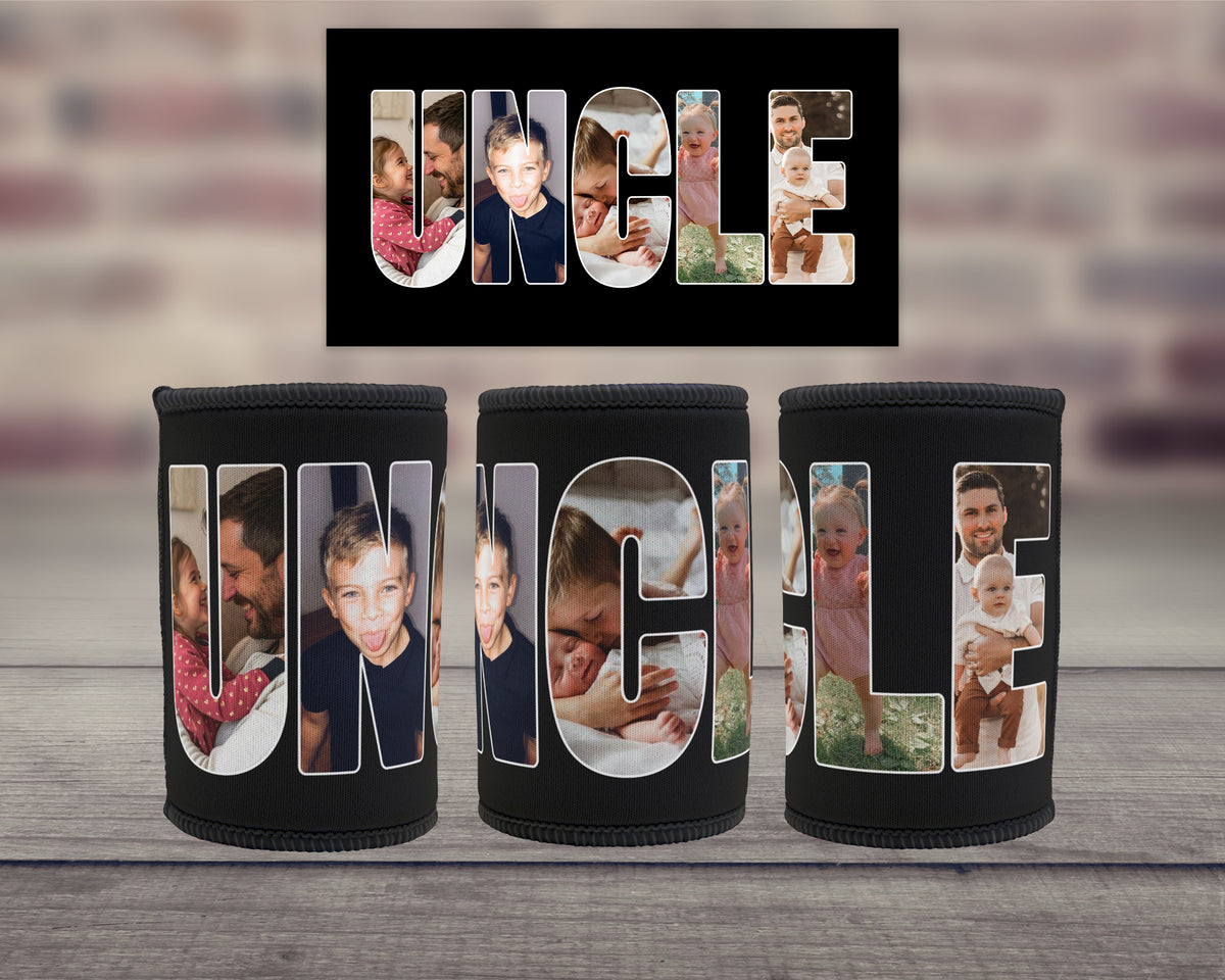 Three black neoprene can coolers displayed on a wooden surface with a blurred brick wall background. Above them is a black rectangular graphic displaying the word 'UNCLE' filled with family photos, which serves as the template for the can coolers.