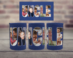 Three navy blue can coolers with custom photo filled letters spelling 'UNCLE' are displayed on a wooden surface with a blurred brick wall background. A matching rectangular card above shows the same design.