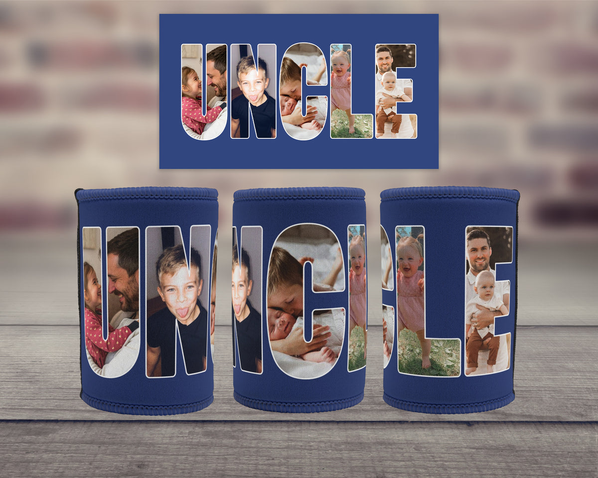Three navy blue can coolers with custom photo filled letters spelling 'UNCLE' are displayed on a wooden surface with a blurred brick wall background. A matching rectangular card above shows the same design.