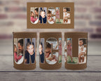 Three brown can coolers with custom photo filled lettering spelling 'UNCLE' are displayed on a wooden surface, with a matching rectangular card above them. The can coolers feature large letters filled with family photographs, and the background shows a blurred brick wall.