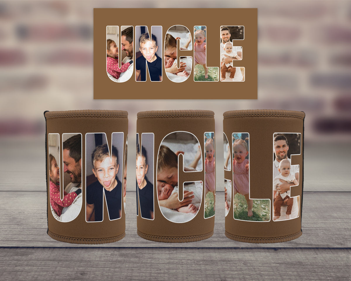 Three brown can coolers with custom photo filled lettering spelling 'UNCLE' are displayed on a wooden surface, with a matching rectangular card above them. The can coolers feature large letters filled with family photographs, and the background shows a blurred brick wall.