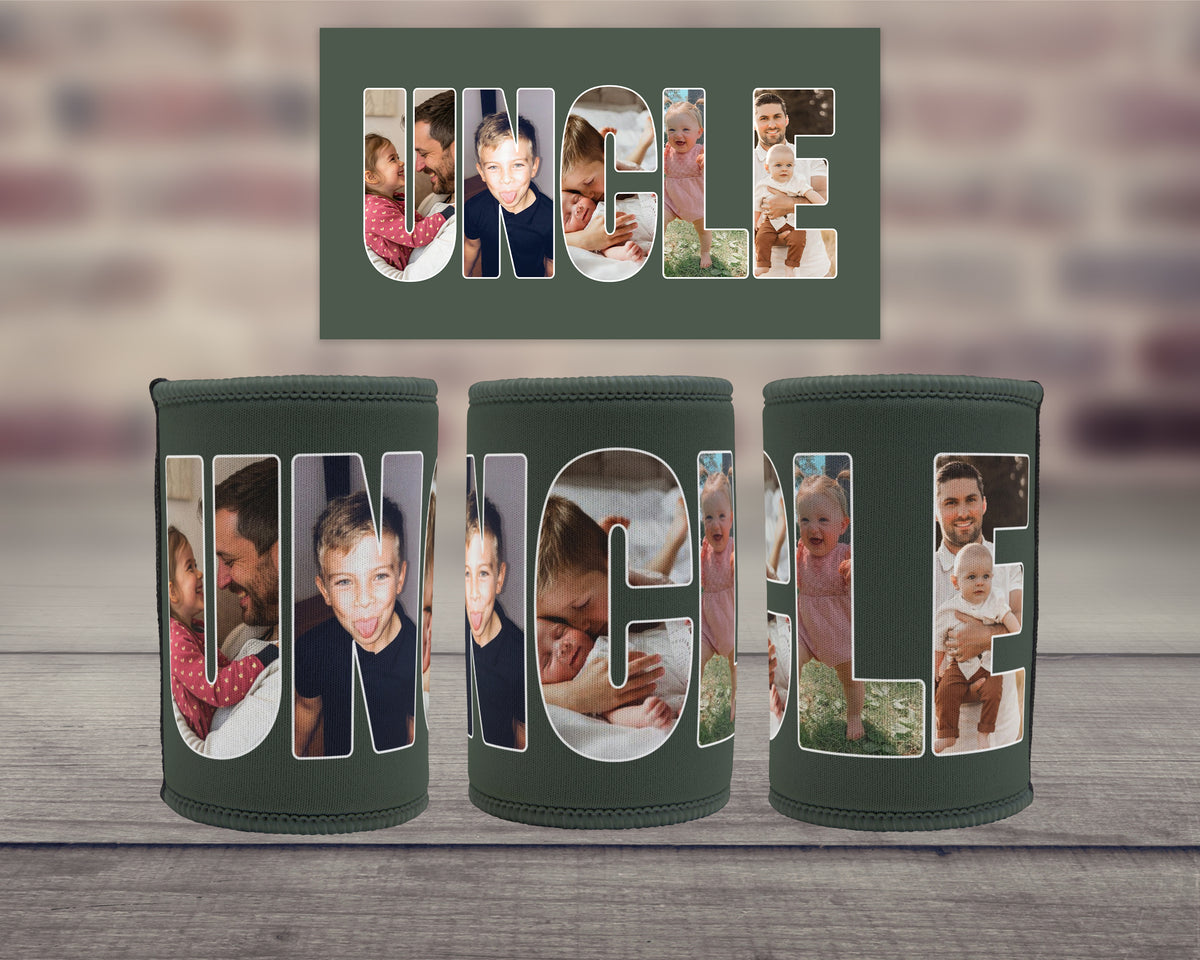 Three dark olive green can coolers arranged side by side on a wooden surface, with a matching rectangular card above them. The letters of the word "UNCLE" filled with family photos, set against a blurred brick wall background.