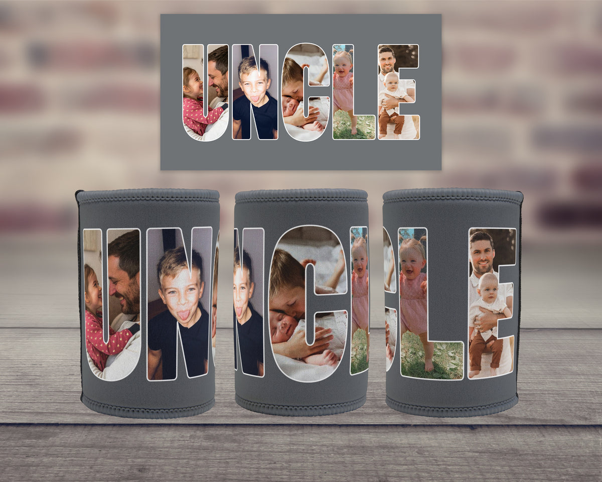 Three grey insulated can coolers on a wooden surface with a blurred brick wall background. Each cooler has large letters filled with family photos, spelling 'UNCLE'.