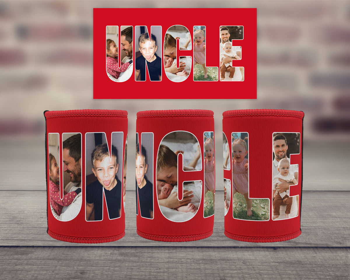 Three red can coolers displayed on a wooden surface with a blurred brick wall background. Above them is a matching red rectangular print featuring the word 'UNCLE' filled with family photos.