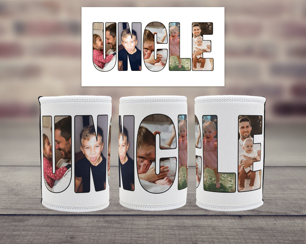 Three white can coolers with custom photo filled letters spelling 'UNCLE' are displayed on a wooden surface with a blurred brick wall background. An inset image at the top shows the source photo collage used for the lettering.