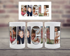 Three white can coolers with custom photo filled letters spelling 'UNCLE' are displayed on a wooden surface with a blurred brick wall background. An inset image at the top shows the source photo collage used for the lettering.