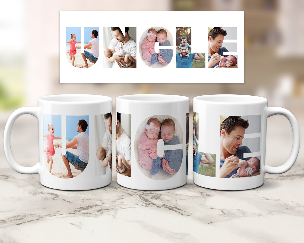 Three white ceramic mugs with custom photo prints within the name 'UNCLE' are displayed on a marble surface, with a matching printed banner above them. The mugs feature family photographs.