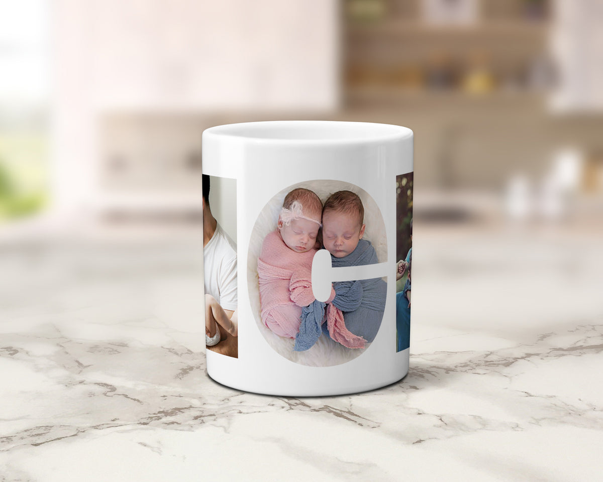 A white ceramic mug with a custom photo collage print, displayed on a light marble countertop with a blurred kitchen background.