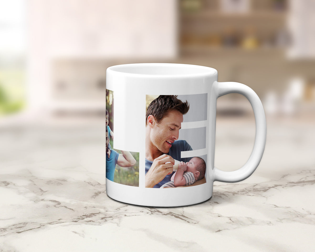 A white ceramic coffee mug with custom printed family photos, displayed on a light marble countertop with a blurred kitchen background.
