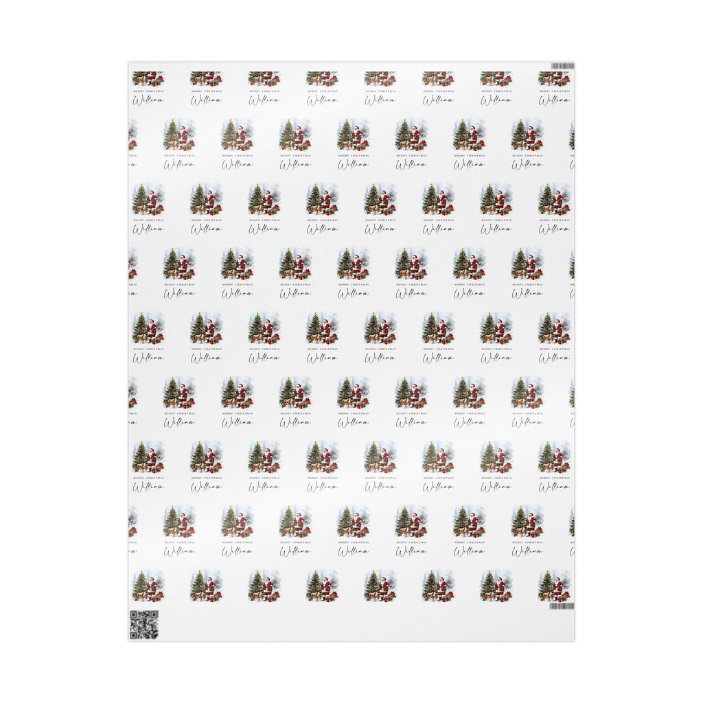 Patterned wrapping paper with Christmas illustrations of Santa Claus, Reindeer and the text 'Merry Christmas William' on a white background.