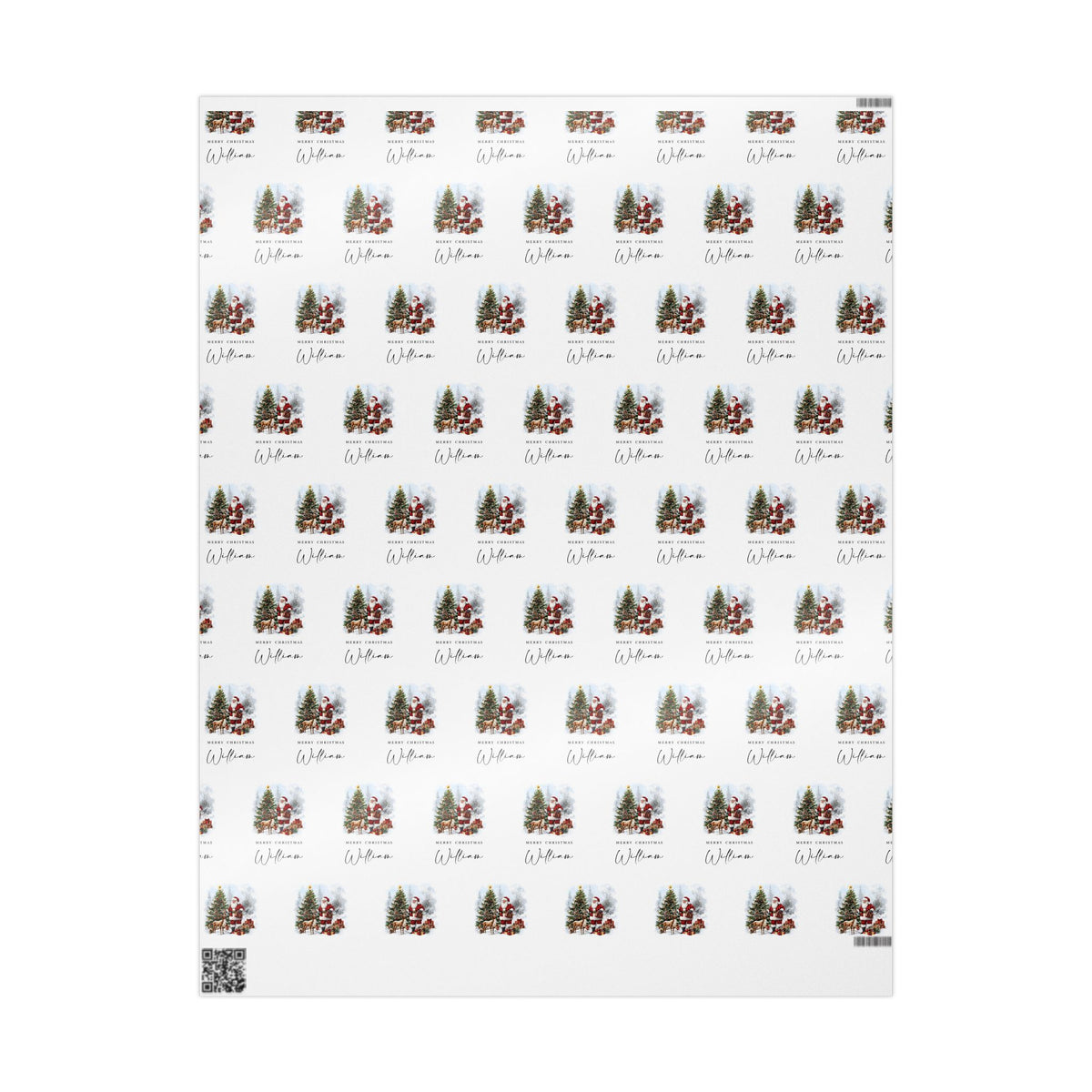 Patterned wrapping paper with Christmas illustrations of Santa Claus, Reindeer and the text 'Merry Christmas William' on a white background.