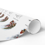 A roll of Christmas-themed wrapping paper on a clean white background. The paper features festive illustrations of Santa Claus and Reindeer, and elegant black cursive text reading 'Merry Christmas' and 'William'.