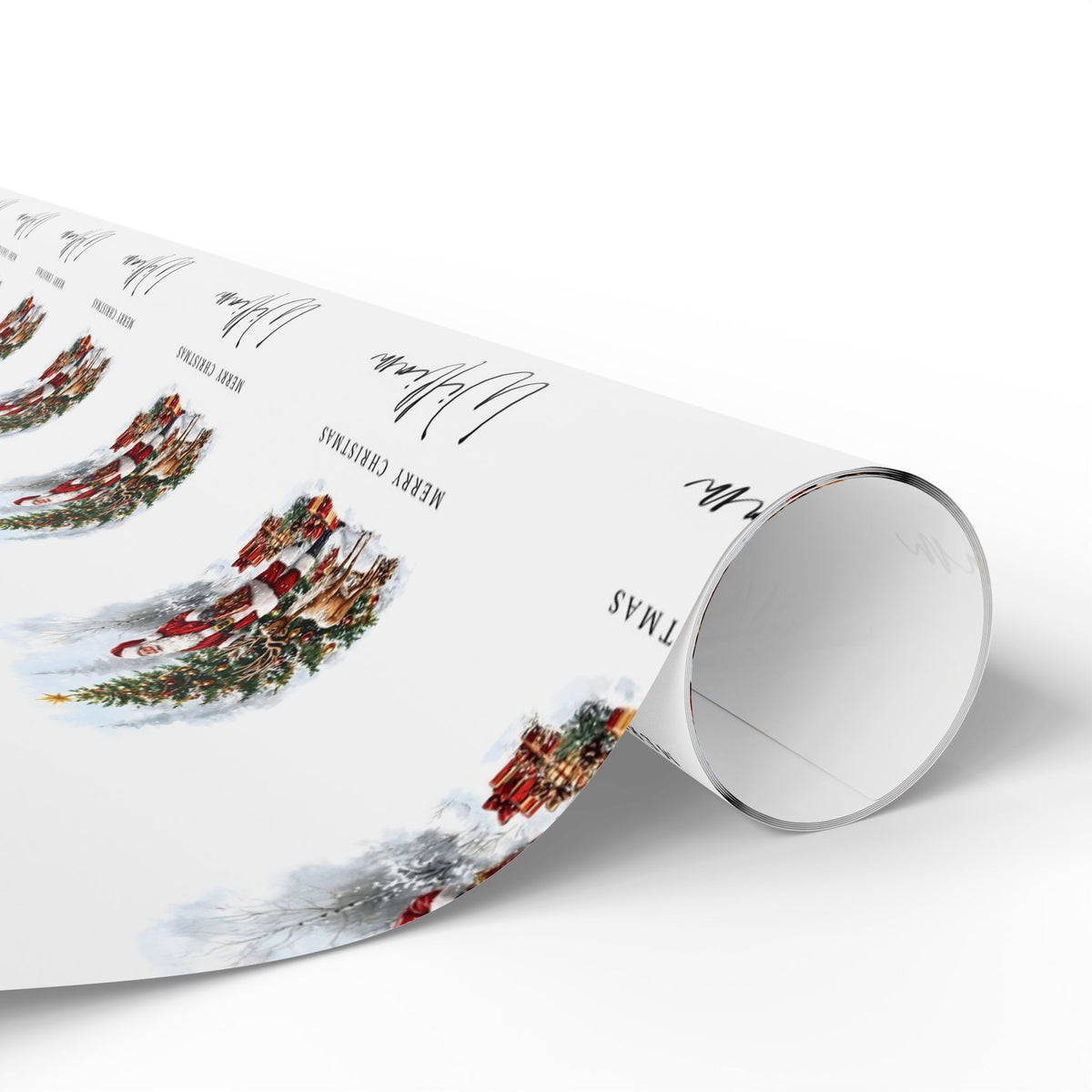 A roll of Christmas-themed wrapping paper on a clean white background. The paper features festive illustrations of Santa Claus and Reindeer, and elegant black cursive text reading 'Merry Christmas' and 'William'.