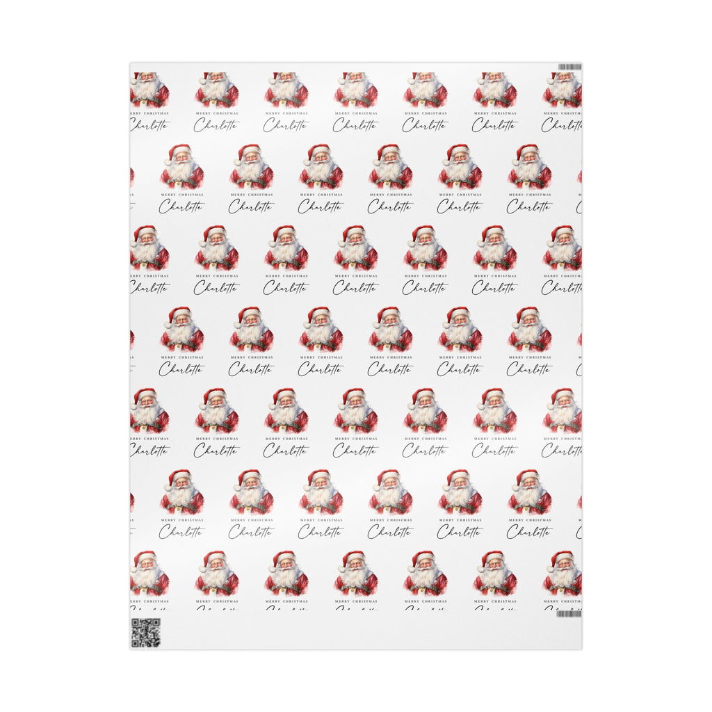 Personalised Christmas wrapping paper unrolled featuring classic watercolour Santa Claus design on clean background.