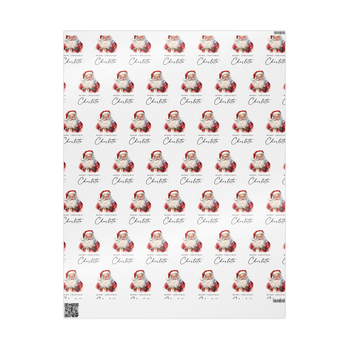 Personalised Christmas wrapping paper unrolled featuring classic watercolour Santa Claus design on clean background.