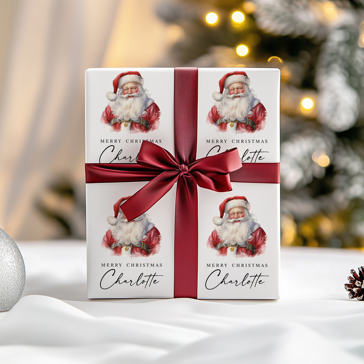 Personalised Santa Claus Christmas wrapping paper with a watercolour Santa   Claus illustration and custom name design