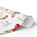 A roll of wrapping paper with a festive Christmas design, featuring watercolor illustrations of Christmas Teddy Bears, along with black script text on a white background.