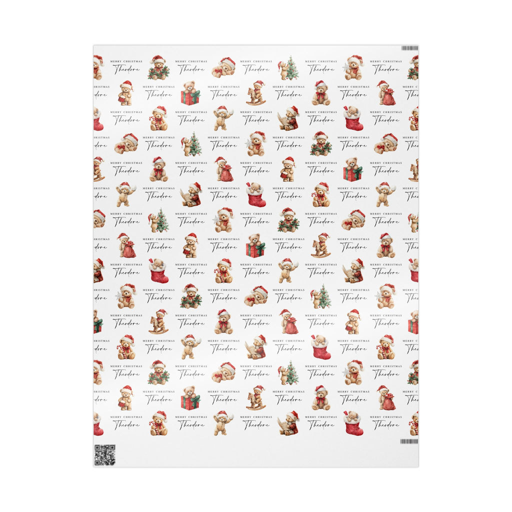 A sheet of wrapping paper featuring a repeating Christmas Teddy Bears with the text 'Merry Christmas Theodore' on a white background.