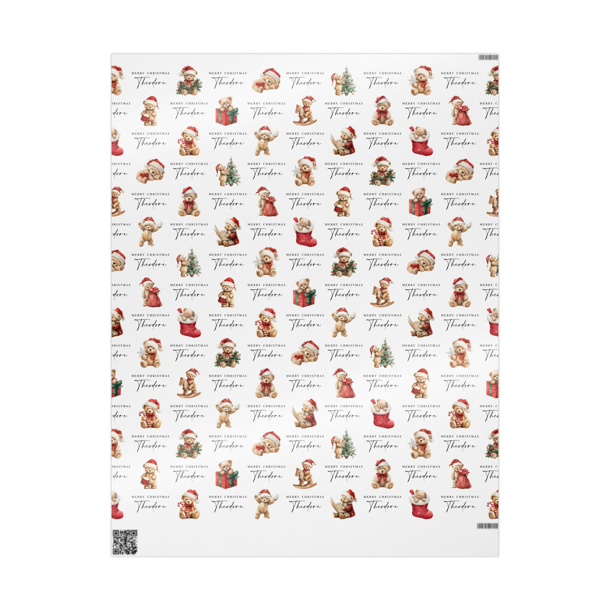 A sheet of wrapping paper featuring a repeating Christmas Teddy Bears with the text 'Merry Christmas Theodore' on a white background.