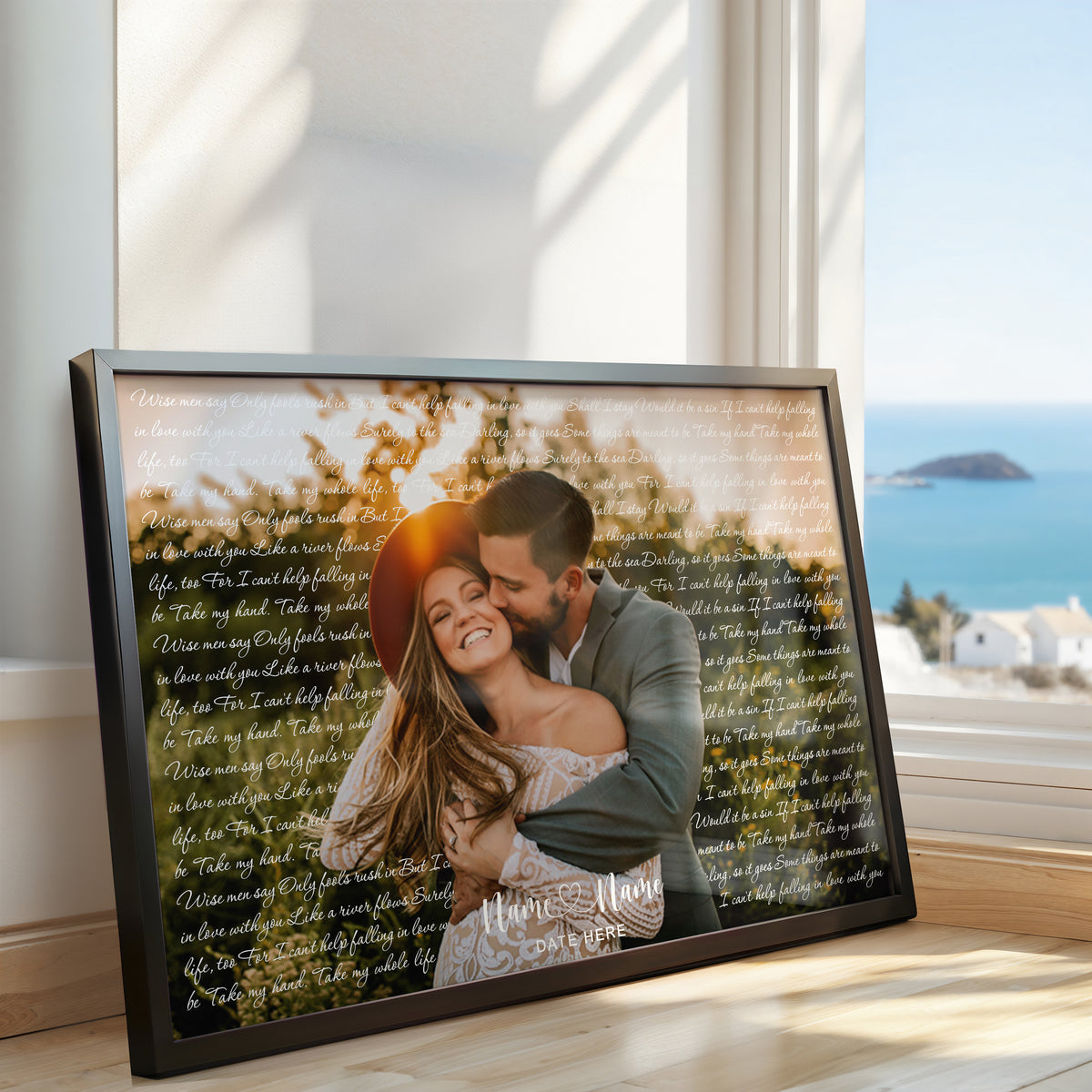 Personalised wedding song lyrics print featuring a couple’s photo, meaningful song lyrics in the background, and custom names and date at the bottom.