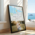 Personalised “Where It All Began” map print featuring a couple’s names, date, location, coordinates and heart marker displayed in a black frame.